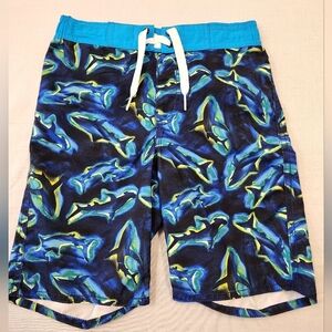 Old Navy Boys Swim Trucks Blue Green Whales Print Bathing Shorts, sz SM (6-7)